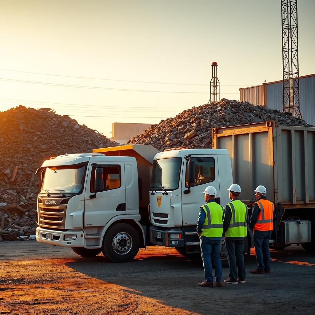Dump truck and roll-off debris hauling fleet on a jobsite at dawn